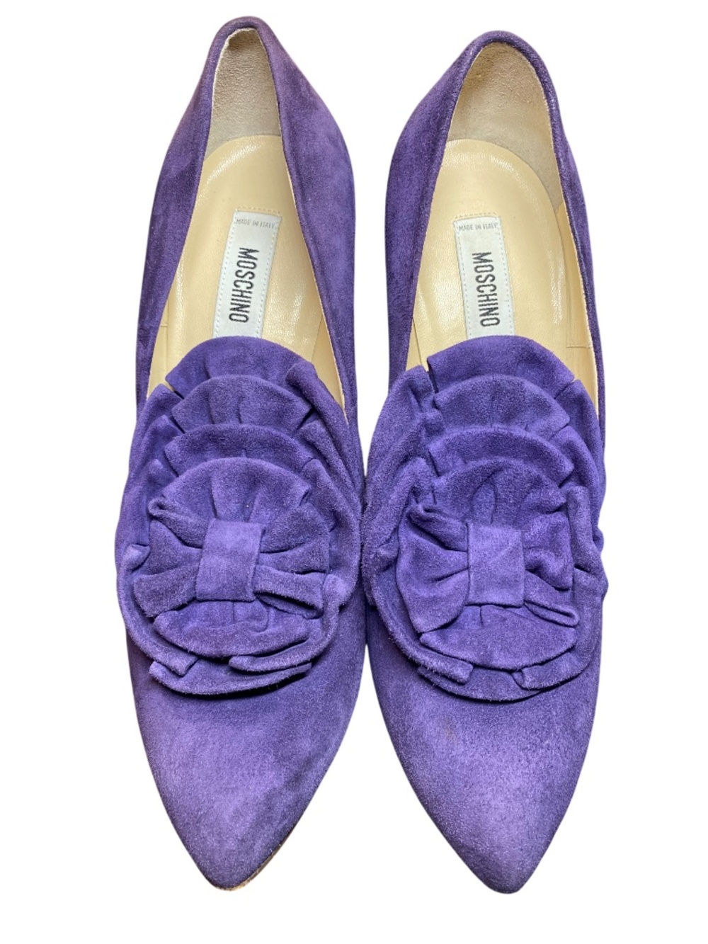 Moschino Archival Montparnasse Plum Violet Suede Statement Rosette Heels 37 7